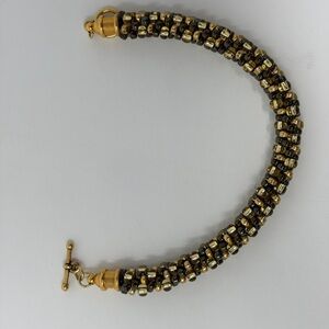 Handcrafted Beaded Bracelet Gold Black Toggle Closure Asymmetrical Design